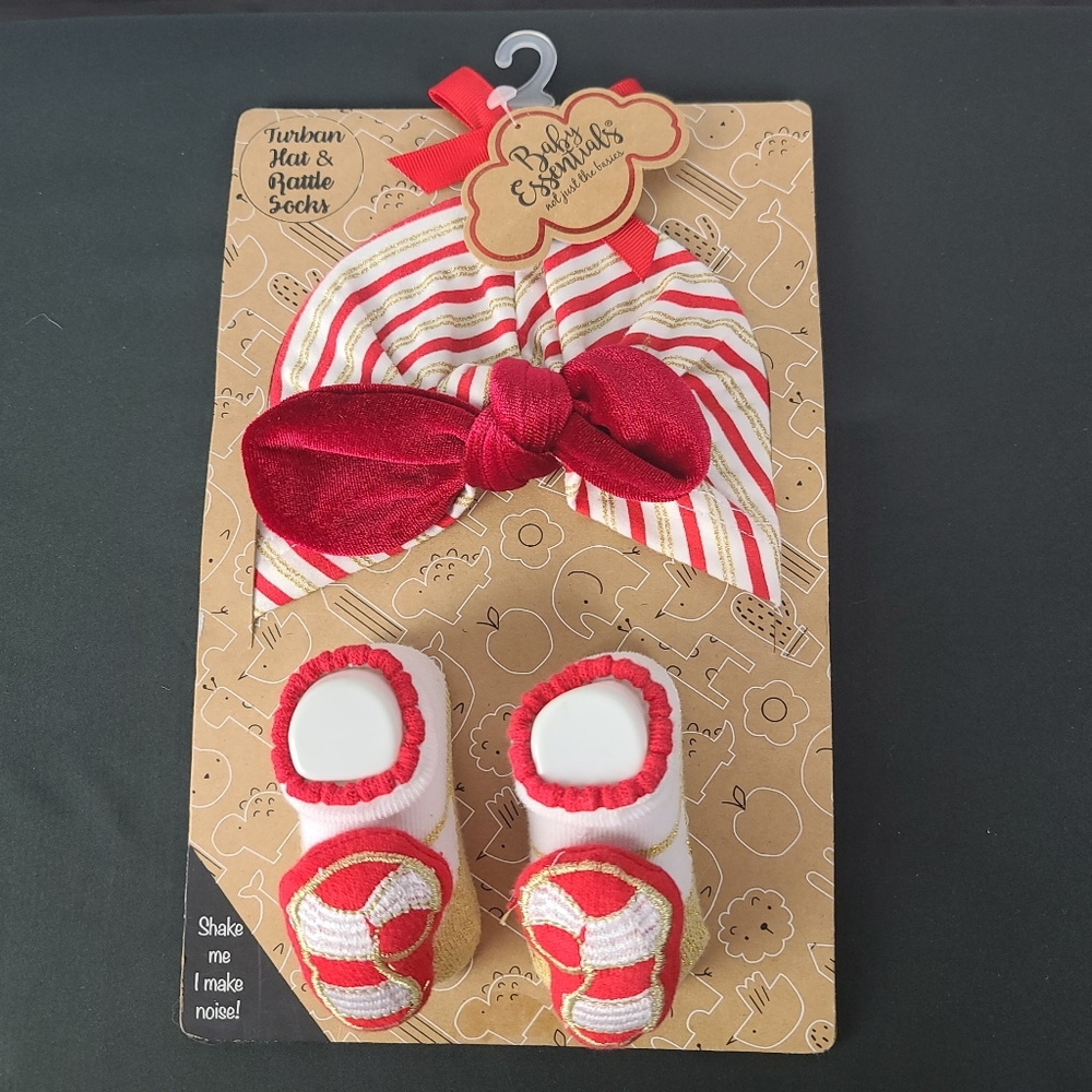 Baby Essentials Turban and Rattle Socks.  O-6 Months.